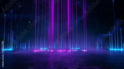 Vibrant neon lights illuminate a dark space, creating an immersive atmosphere with colorful beams and reflections. Stage for product presentation.