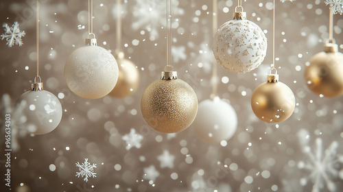 Elegant white and gold Christmas ornaments hanging amidst sheer curtains. This festive image features beautifully decorated white and gold baubles hanging from delicate strings, with soft bokeh lighti photo