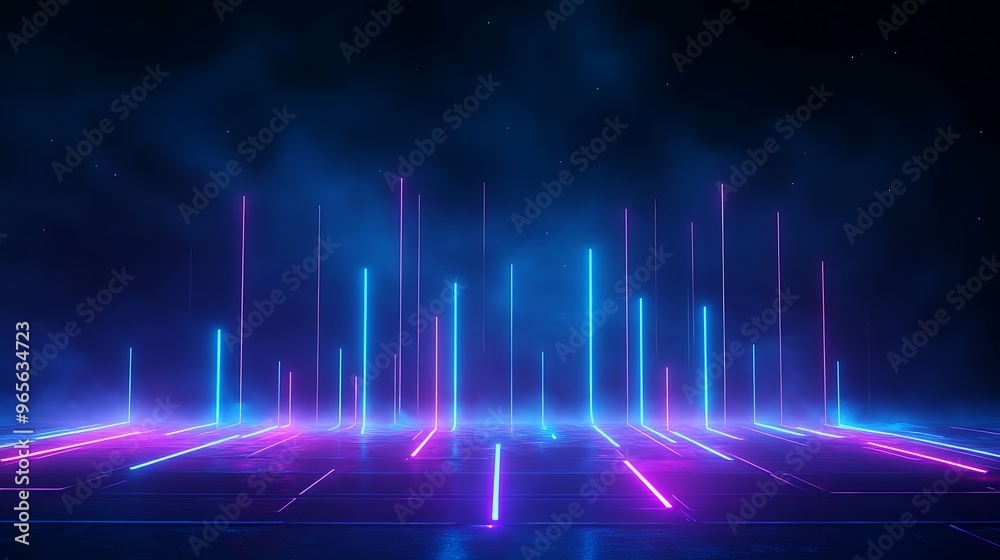 Vibrant neon lights in a futuristic setting, creating an energetic and dynamic atmosphere perfect for digital art projects. Stage for product presentation.