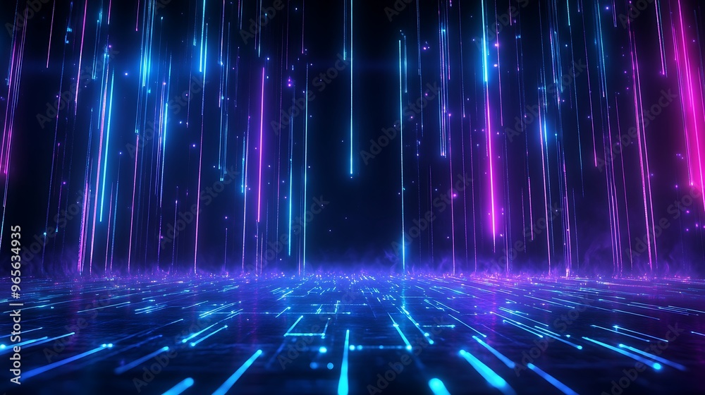 Vibrant neon lines cascade through a dark space, creating a futuristic atmosphere perfect for technology themes. Stage for product presentation. Vibrant neon lines cascade through a dark space, creating a futuristic atmosphere perfect for technology themes. Stage for product presentation.