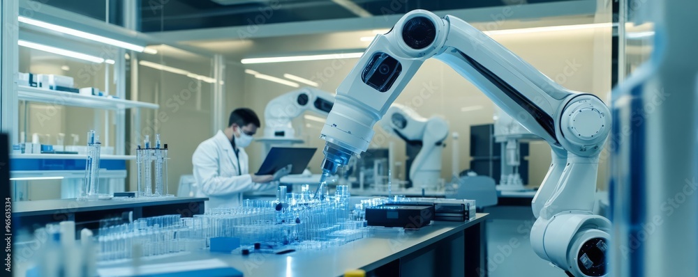 A biotechnology lab filled with robotic arms and automation systems conducting genetic experiments A biotechnology lab filled with robotic arms and automation systems conducting genetic experiments