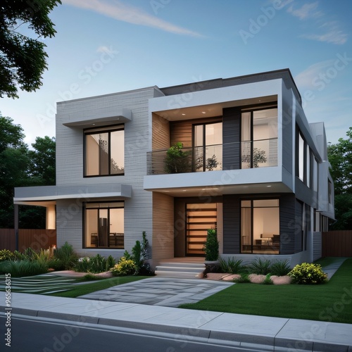 Modern luxury house with a well-manicured lawn..