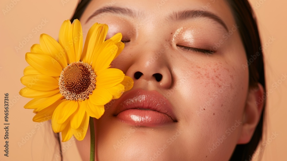A serene plus-size woman with closed eyes gently holds a flower near her right eye, radiating natural beauty. A serene plus-size woman with closed eyes gently holds a flower near her right eye, radiating natural beauty.