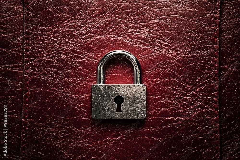 Fototapeta premium A textured maroon leather background with a silver padlock icon in the middle, symbolizing security with a touch of elegance.