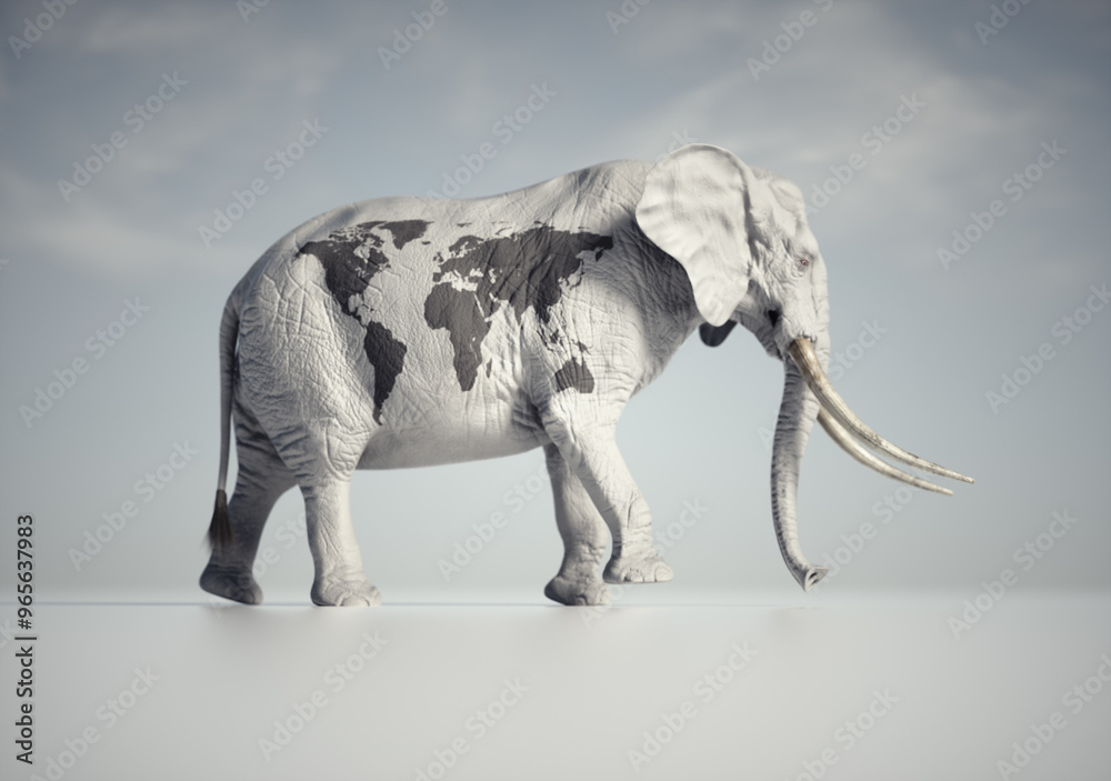 Fototapeta premium An elephant with a world map printed on its skin on a white background.