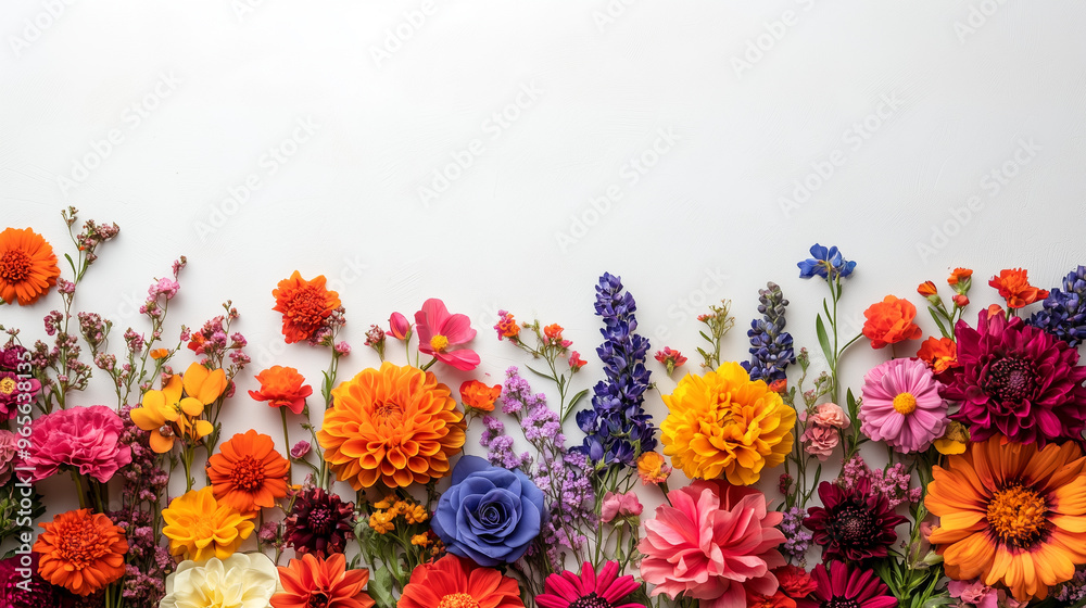 Fototapeta premium vibrant and colorful flowers banner, white background, top space for copy and text