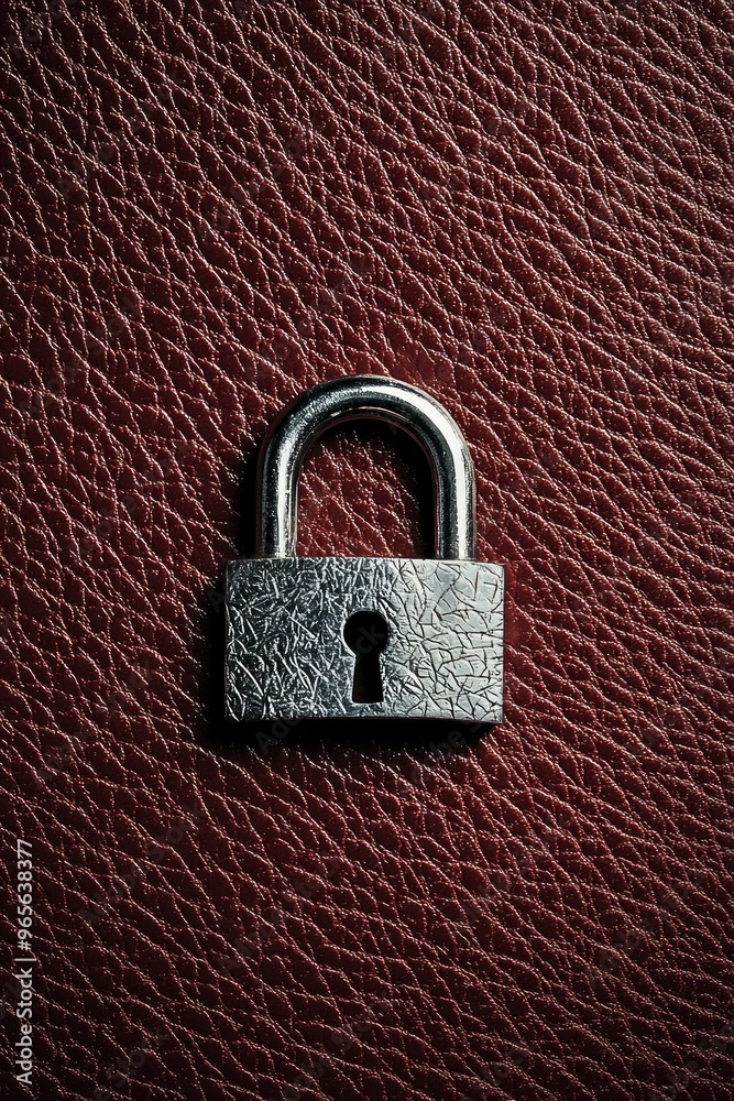 Fototapeta premium A textured maroon leather background with a silver padlock icon in the middle, symbolizing security with a touch of elegance.