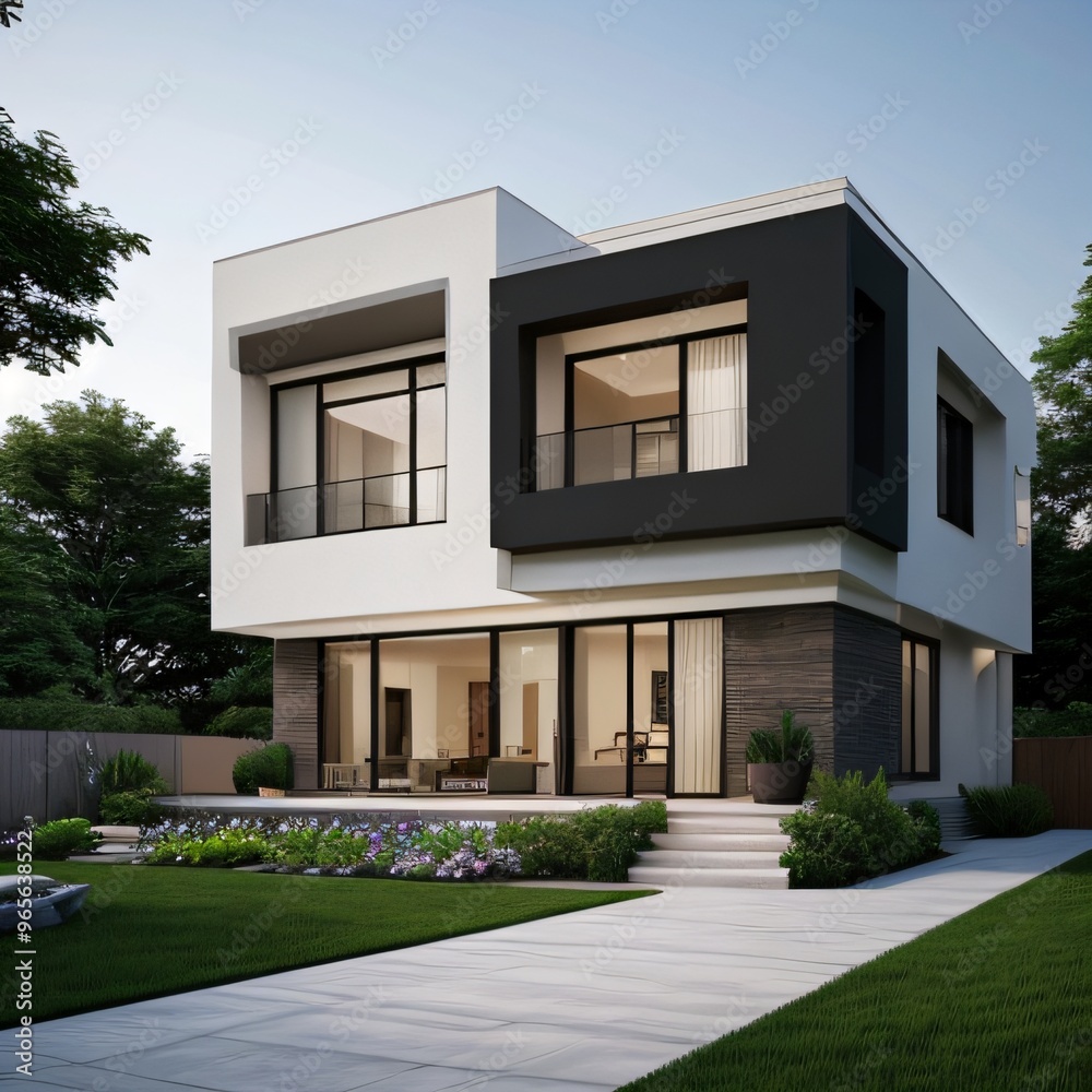Fototapeta premium Modern luxury house with a well-manicured lawn..