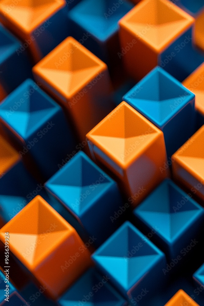 Fototapeta premium An abstract pattern of interlocking orange and blue cubes, creating a 3D illusion. 