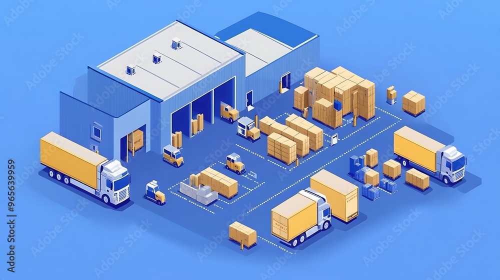 Efficient Isometric Design Logistics and Delivery with Warehouses, Trucks, and Shipping Process in Vector Style Efficient Isometric Design Logistics and Delivery with Warehouses, Trucks, and Shipping Process in Vector Style