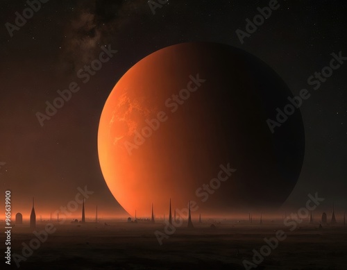 Dark desolate fantasy sci-fi planet landscape with spire silhouettes against the backdrop of a huge orange moon in the night's sky