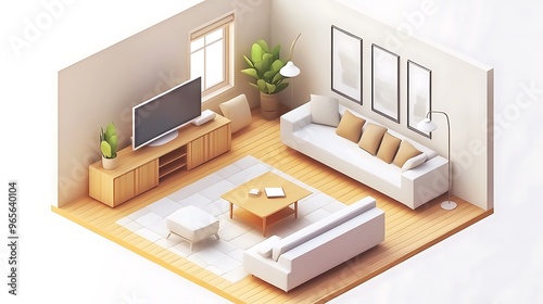 Modern Isometric Design of Clean Living Room Interior with Stylish Furniture Arrangement