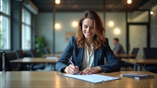 A confident businesswoman smiles while signing documents at her desk in a modern, well-lit office.