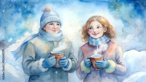 Warmly Dressed Women Drinking Hot Tea on a Snowy Street