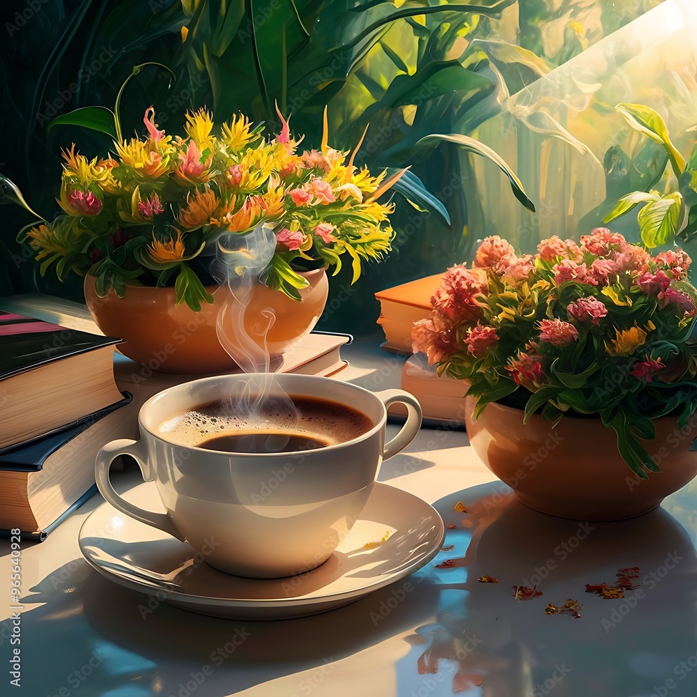 Cup of coffee on books and plants in flowerpots on green background Cup of coffee on books and plants in flowerpots on green background