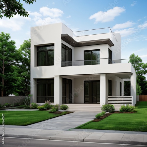 Modern luxury house with a well-manicured lawn..