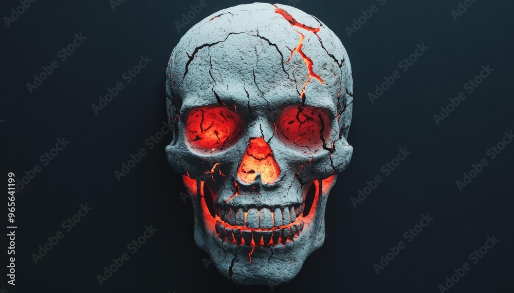 A hauntingly beautiful skull with cracks and glowing red eyes, perfect for themes of horror, mystery, and the macabre. A hauntingly beautiful skull with cracks and glowing red eyes, perfect for themes of horror, mystery, and the macabre.