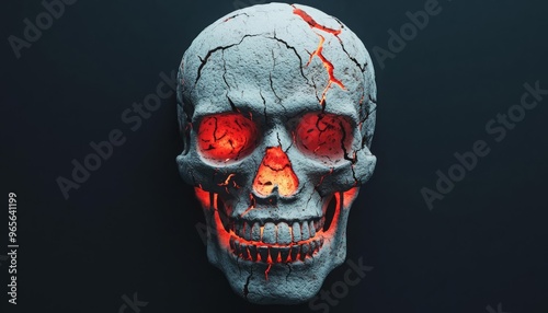 A hauntingly beautiful skull with cracks and glowing red eyes, perfect for themes of horror, mystery, and the macabre. photo