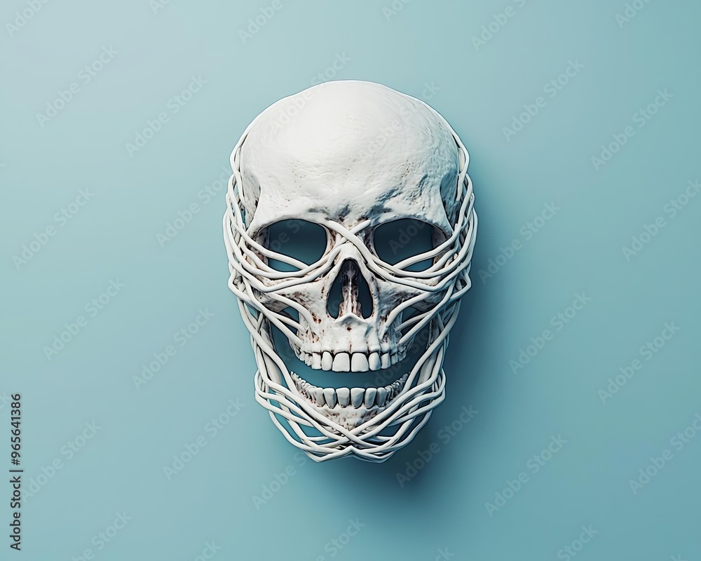 A detailed skull art piece entwined with thin wires, creating a striking contrast against a soft blue background. A detailed skull art piece entwined with thin wires, creating a striking contrast against a soft blue background.