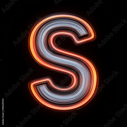 Abstract neon letter S, S, gray and orange , illuminated and isolated on black background