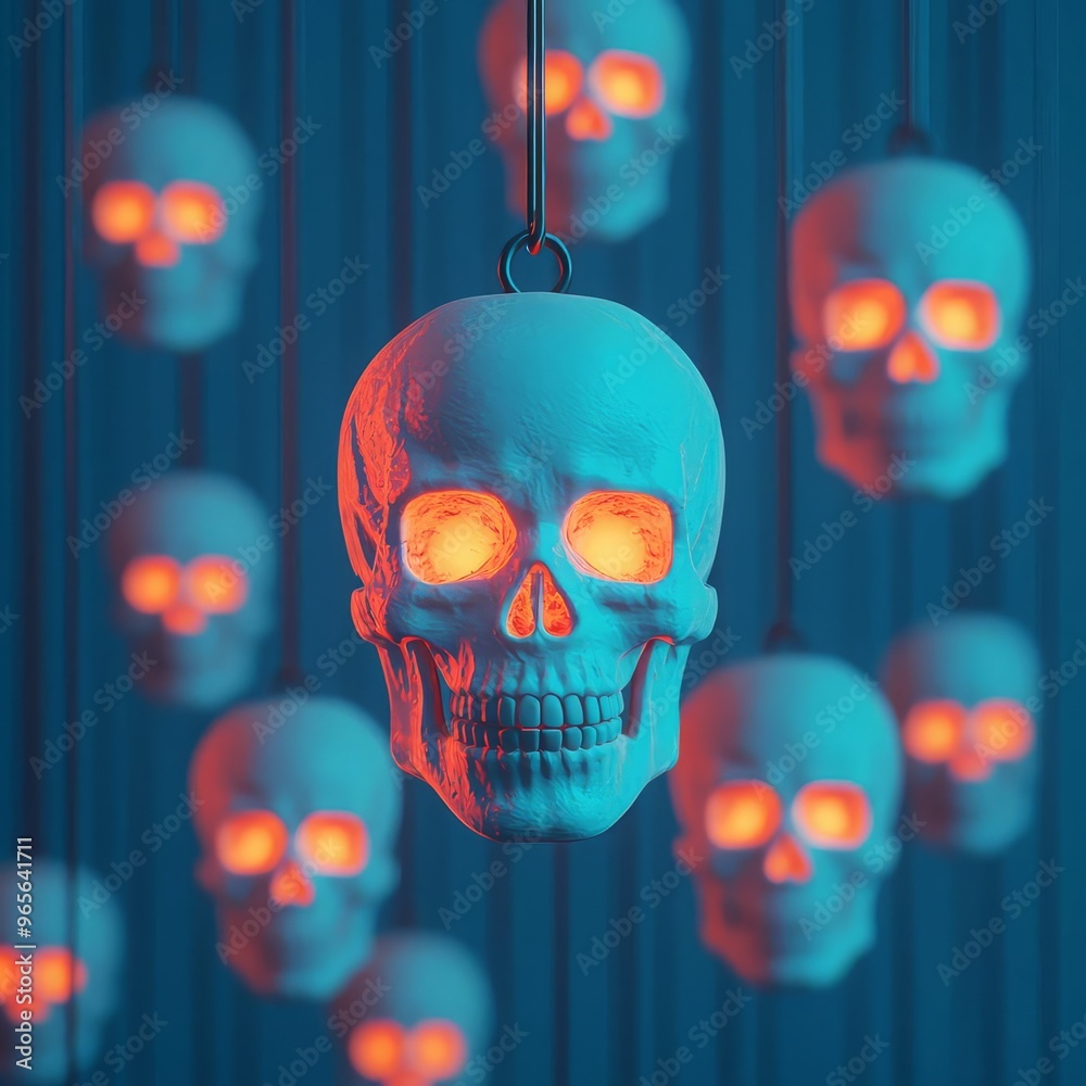 A vibrant collection of glowing skulls, creating an eerie yet captivating atmosphere for Halloween or gothic themes. A vibrant collection of glowing skulls, creating an eerie yet captivating atmosphere for Halloween or gothic themes.