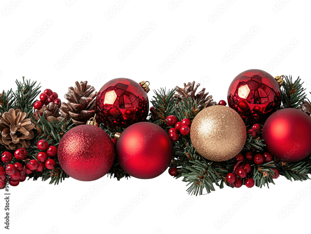 Christmas garland with red and gold baubles, berries, and pinecones on a white background. PNG transparent. Christmas garland with red and gold baubles, berries, and pinecones on a white background. PNG transparent.
