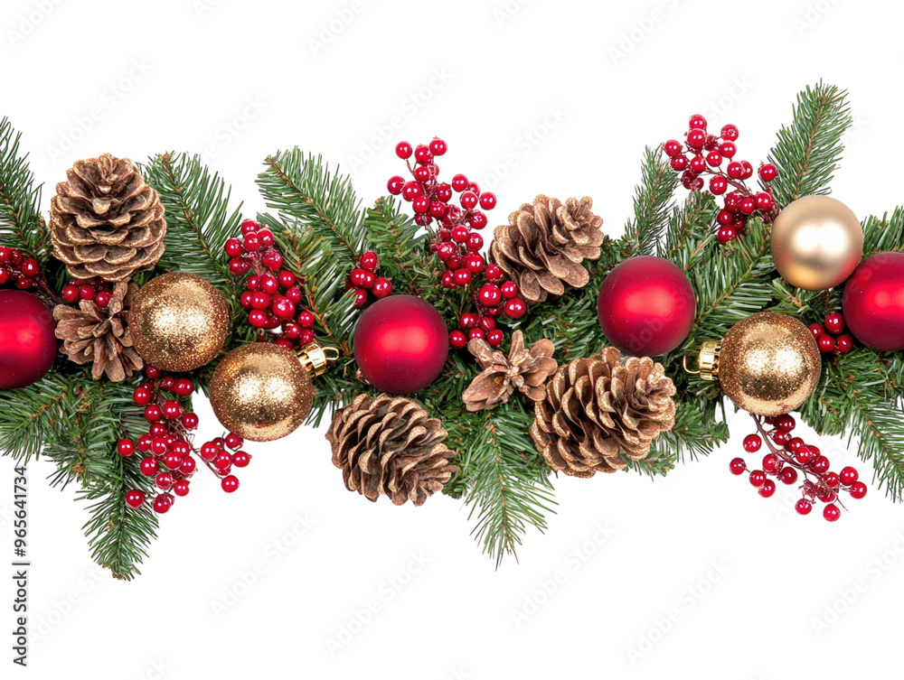 Christmas garland with red and gold baubles, berries, and pinecones on