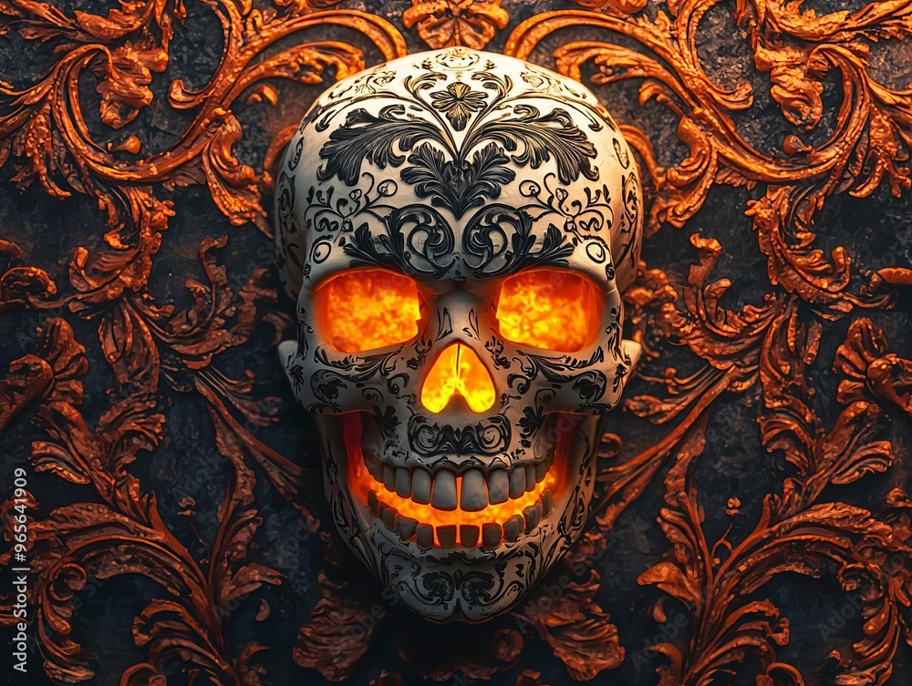 A decorative skull with intricate patterns, illuminated with glowing orange light against an ornate backdrop, evoking mystery and elegance. A decorative skull with intricate patterns, illuminated with glowing orange light against an ornate backdrop, evoking mystery and elegance.