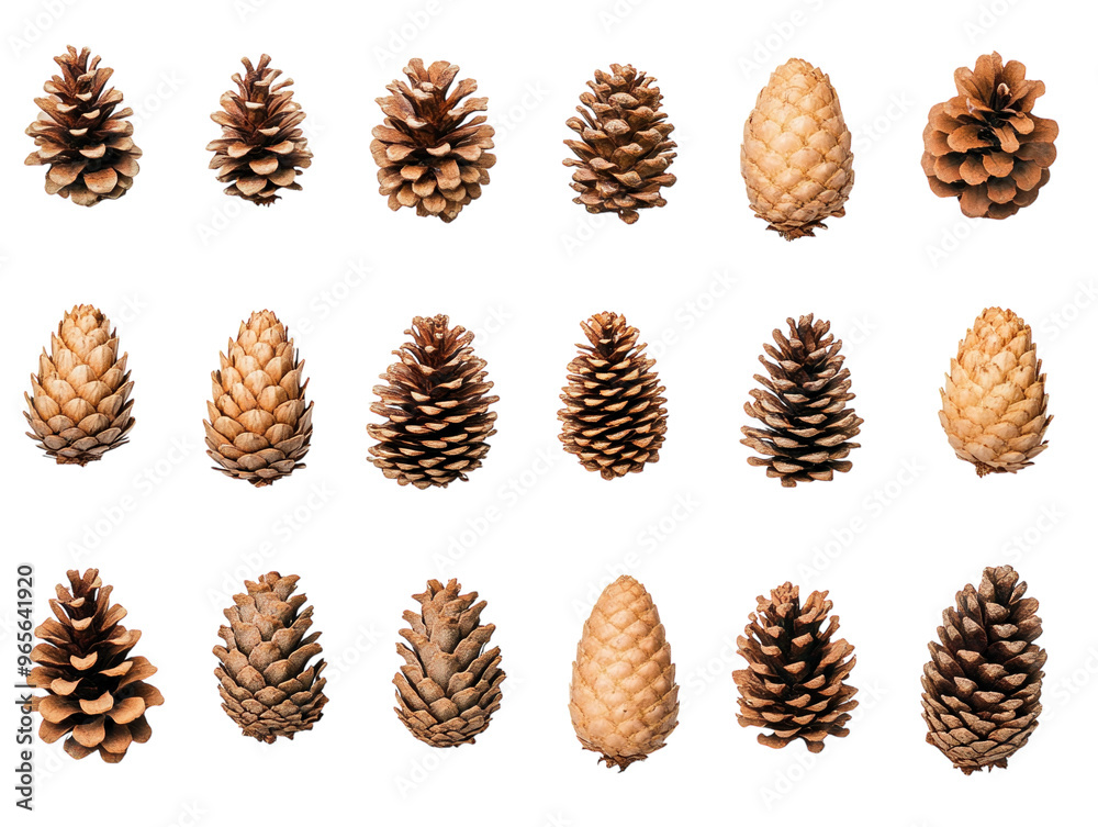 Variety of different pine cones arranged in a row on a white background. PNG transparent. Variety of different pine cones arranged in a row on a white background. PNG transparent.
