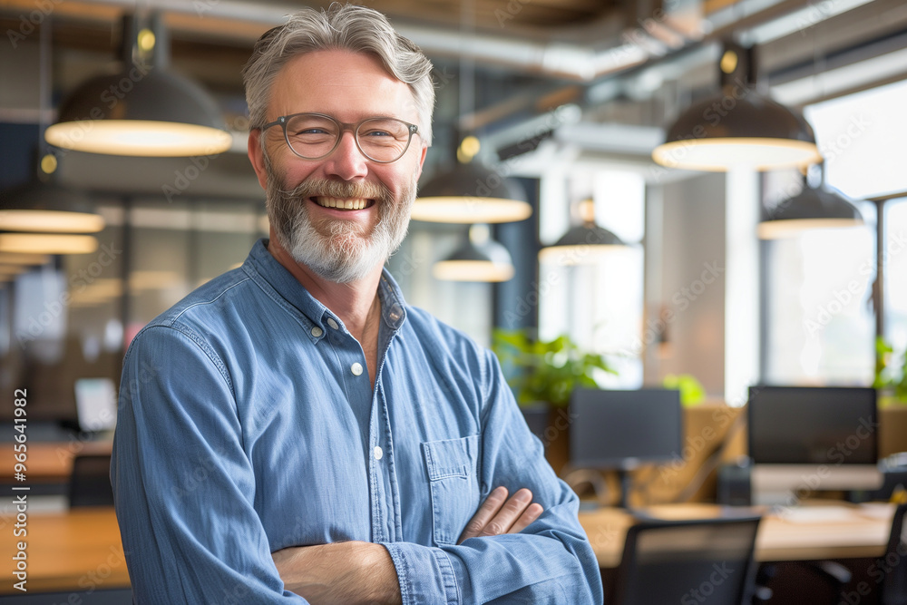 Fototapeta premium A Smiling Professional Posing in a Modern Office Setting That Reflects Professionalism. Generative AI