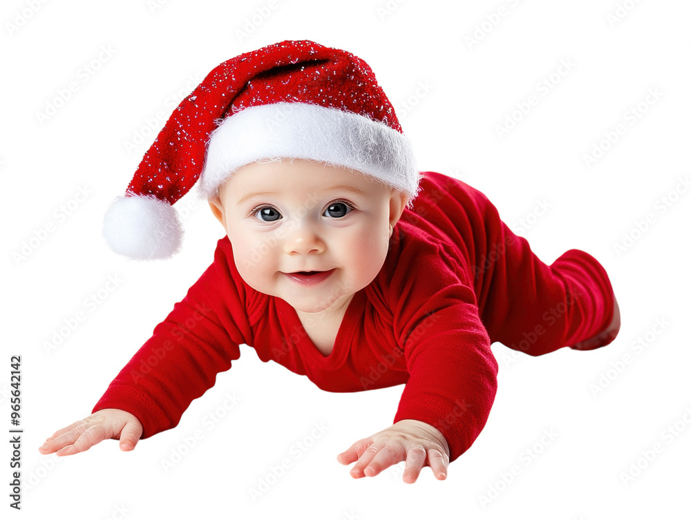 Obraz premium Smiling baby in a red Christmas outfit and Santa hat crawling on a white background. PNG transparent.