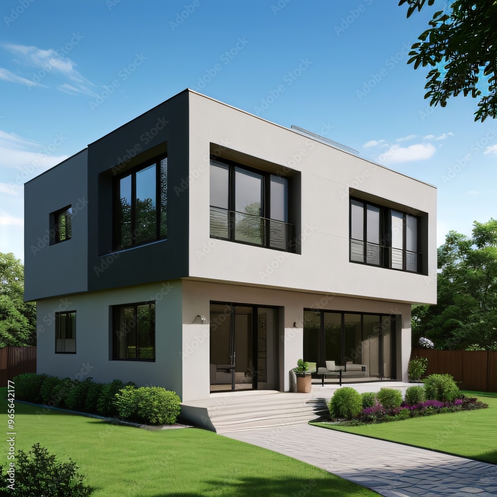 Fototapeta premium Modern luxury house with a well-manicured lawn..