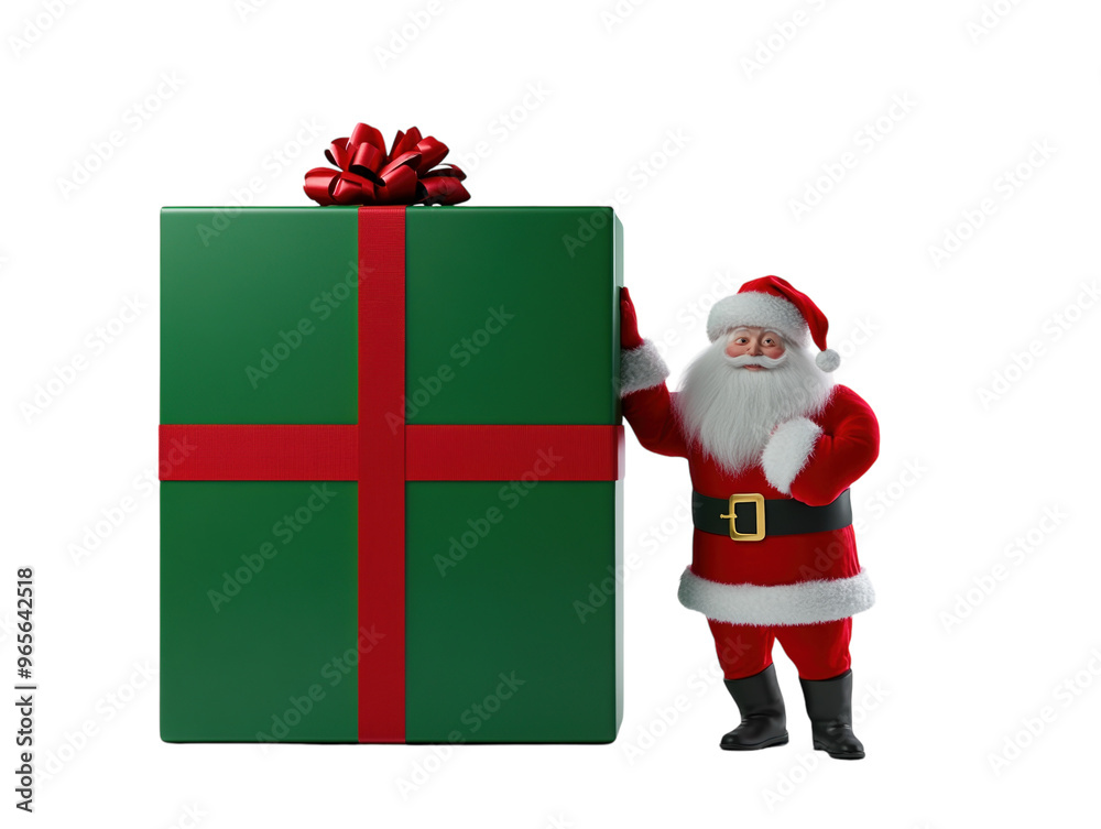 Santa Claus pushing a large green gift box with a red ribbon on a white background. PNG transparent. Santa Claus pushing a large green gift box with a red ribbon on a white background. PNG transparent.