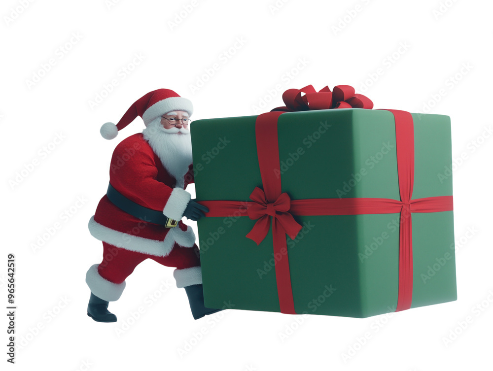Santa Claus pushing a large green gift box with a red ribbon on a white background. PNG transparent. Santa Claus pushing a large green gift box with a red ribbon on a white background. PNG transparent.