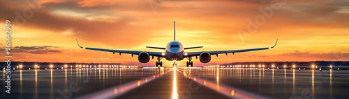 A dramatic sunset view of an airport runway, with the silhouette of a plane in the background, the runway lights in sharp focus, creating a cinematic and breathtaking scene photo