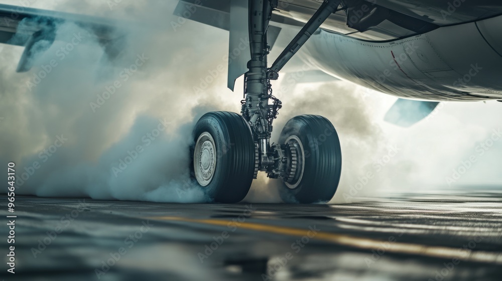 Fototapeta premium Close-up of Commercial Airliner Landing Gear Wheels Compressing with Smoke and Heat Upon Landing