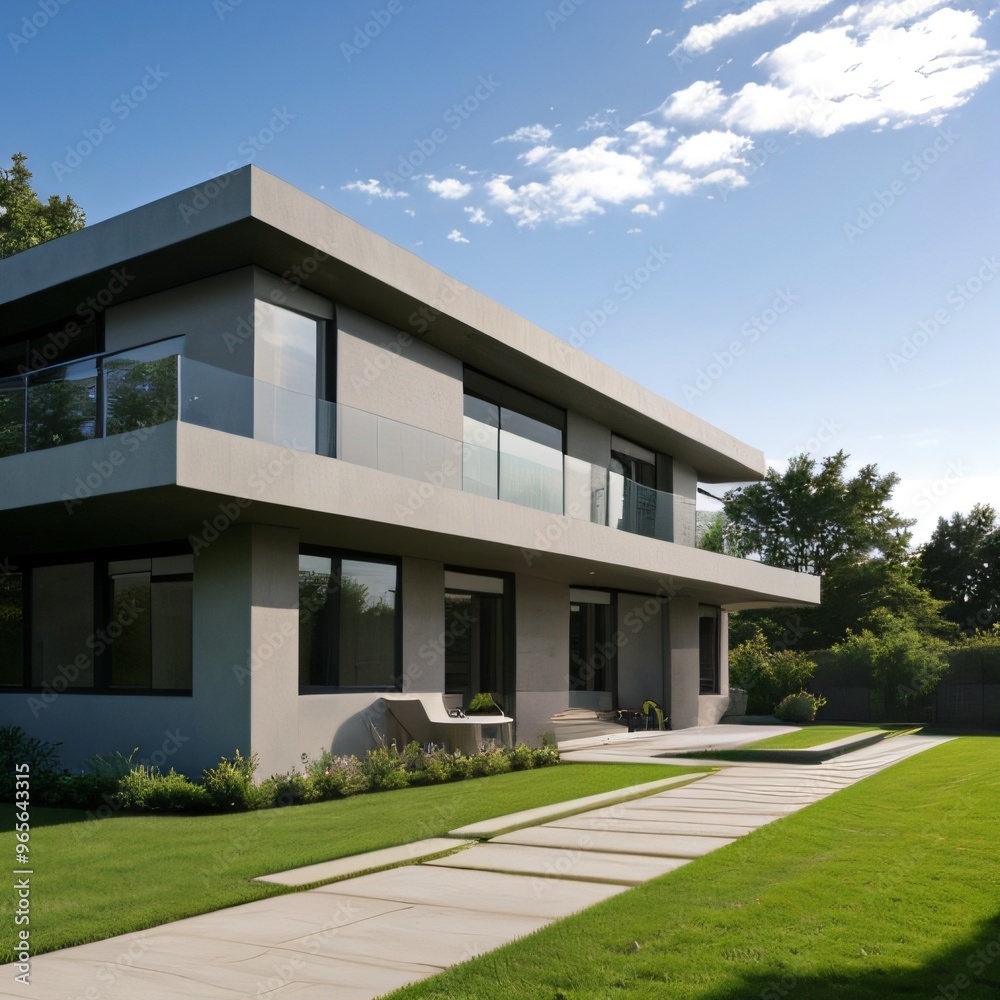 Fototapeta premium Modern luxury house with a well-manicured lawn..