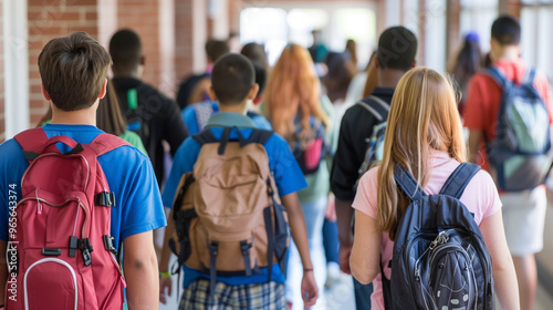 high school students with backpack in hallway from back. back to school theme, space for copy or text