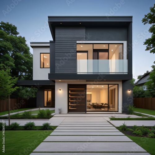 Modern luxury house with a well-manicured lawn..