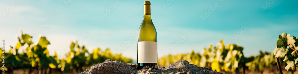 White wine mock-up. A bottle of white wine on a rock in a vineyard with an empty label White wine mock-up. A bottle of white wine on a rock in a vineyard with an empty label