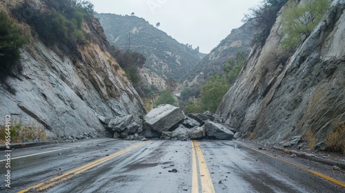 Rockslide blocks traffic lane on a rainy day along Santa Susana Pass Road in the Chatsworth area of Los Angeles, California, causing dangerous driving conditions creating road hazards for commuters photo
