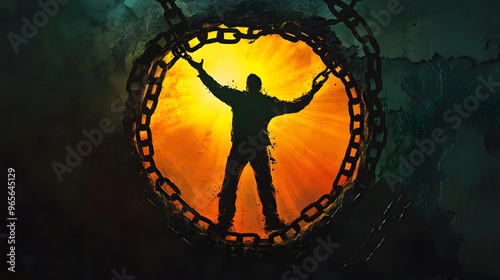 Figure breaking free from a circle of chains, symbolic art style, warm and cool color contrasts, dramatic lighting, mood of liberation and strength photo