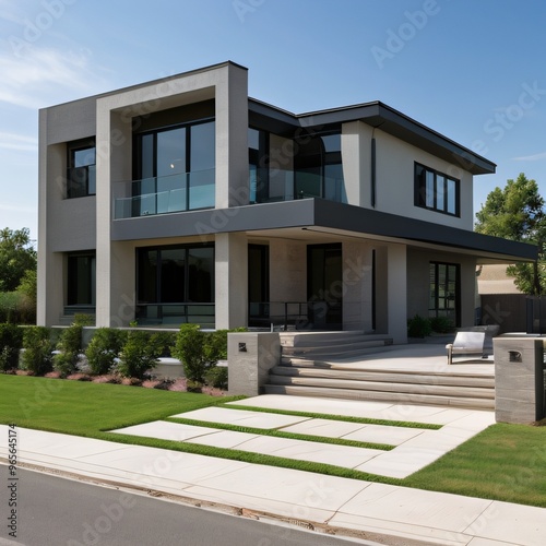 Modern luxury house with a well-manicured lawn..