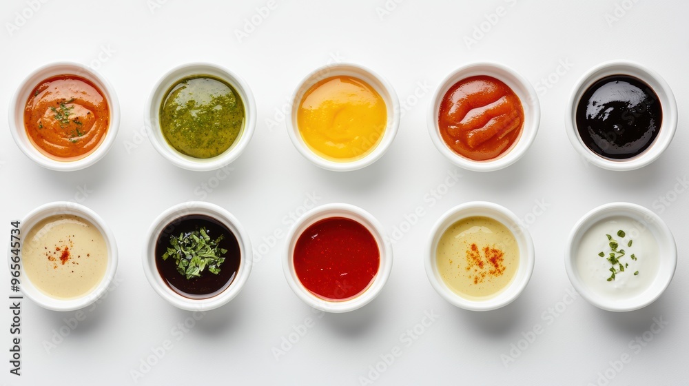Variety of sauces in small white bowls forming a square shape Variety of sauces in small white bowls forming a square shape