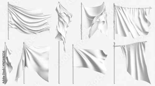 A collection of different white flags, ready to be designed. They have various shapes, like rounded, straight, pointed, and double edges. These flags are perfect for medieval-style designs. photo