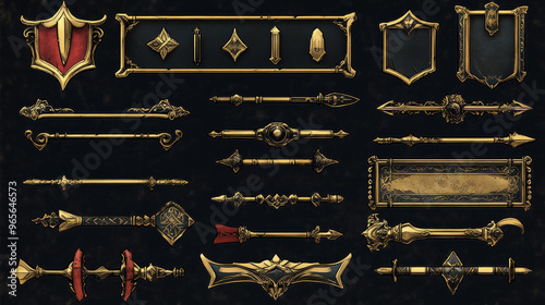 A collection of game buttons, banners, progress bars, arrows, and sliders designed in a medieval style. They have gold frames and a fantasy metal look. photo