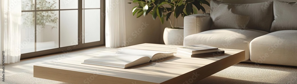 A coffee table book mockup showing both the cover and a few interior pages, laid flat on a modern coffee table A coffee table book mockup showing both the cover and a few interior pages, laid flat on a modern coffee table