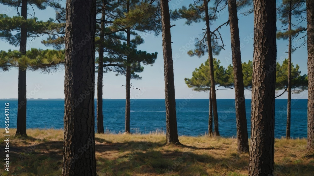 Evergreen forest landscape with distant hills and river, tranquil nature scene with coniferous trees and flowing water Evergreen forest landscape with distant hills and river, tranquil nature scene with coniferous trees and flowing water