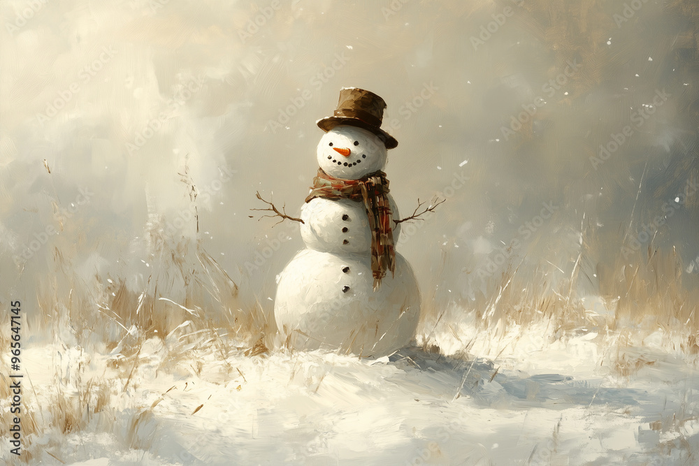 Obraz premium Charming snowman stands amidst a serene winter landscape, capturing the essence of a snowy day