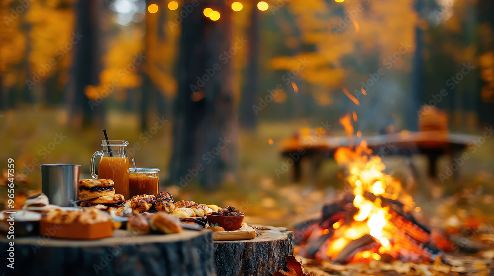 Cozy autumn campfire scene with delicious pastries and drinks arranged on a wooden stump in a forest setting Cozy autumn campfire scene with delicious pastries and drinks arranged on a wooden stump in a forest setting